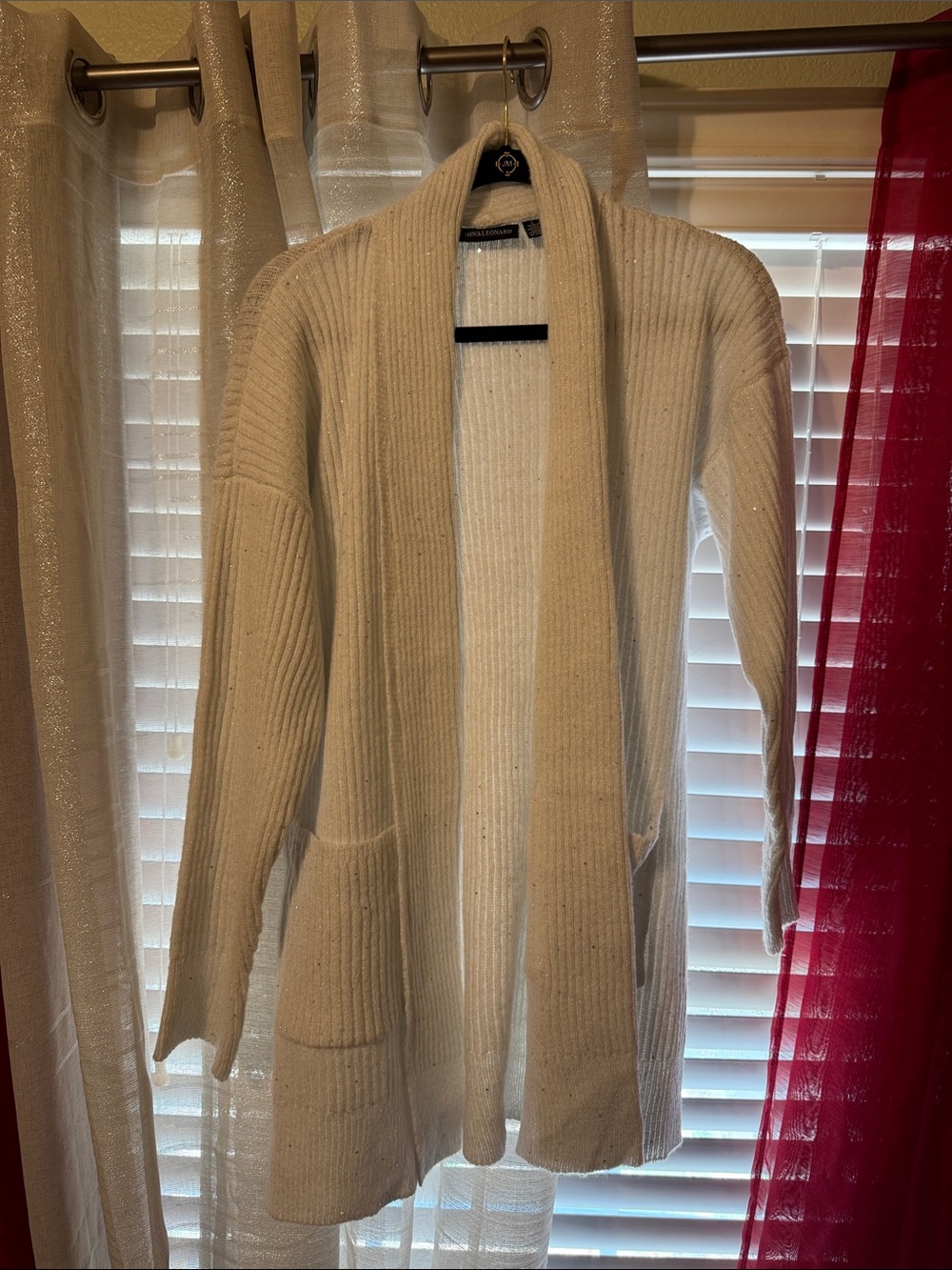 Nina Leonard Cozy Open-Front Cream Rib-Knit Cardigan